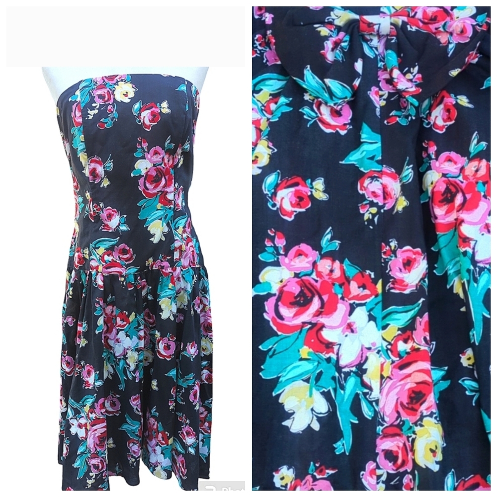 🌸 True Vintage 80s Robbie Bee Strapless Cotton Floral Dress🌸